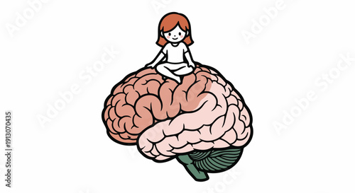 A small, stylized person sits meditating atop a large, detailed illustration of a human brain, symbolizing mental health and well-being.