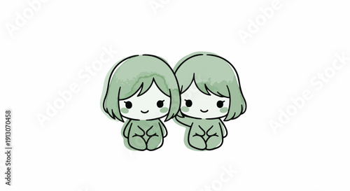 Cute hand-drawn illustration of two adorable chibi-style figures, possibly twins or friends, with green hair, sitting together in a minimalist, sweet design, symbolizing companionship and innocence.