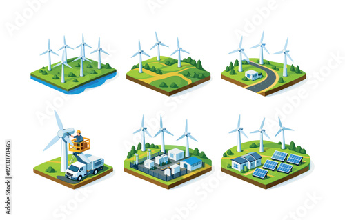    Wind power farm. Isometric flat vector icons set of wind power farm: turbine array landscape, rolling hills with turbines, access road wind