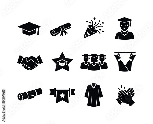    Graduation Celebration. Solid icon set of Graduation Celebration: graduation cap, diploma scroll, confetti pop, proud student, handshake