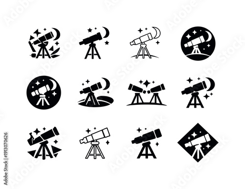   Physics. Icon set. Set Logo of Physics: telescope. harmonious logo variations of the same emblematic concept, each with different artistic