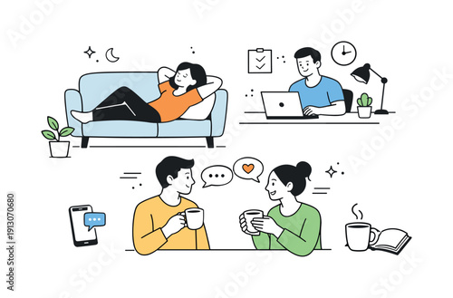 Everyday life moments. Simple scenes blended into one composition, such as rest, work, and connection. The illustration feels relatable,