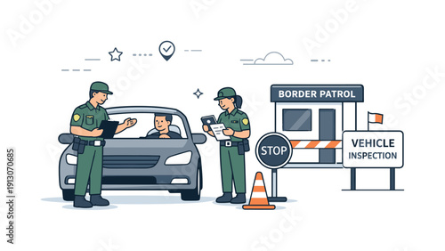 Vehicle inspection checkpoint. Border patrol station scene showing a simplified car inspection process, with officers communicating politely