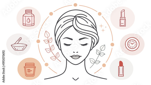 Woman enjoying skincare routine with beauty products around her