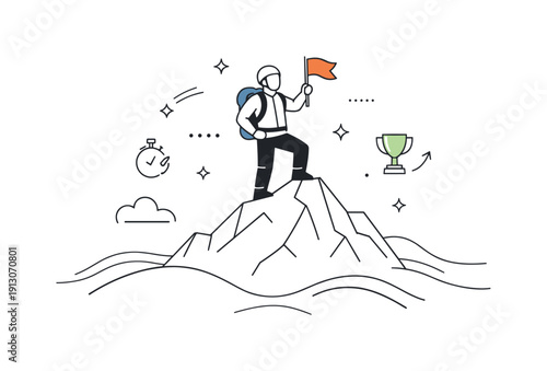 Breaking records in extreme sports. Athlete standing on a peak holding a small flag, symbolizing a new achievement record. Calm sense of