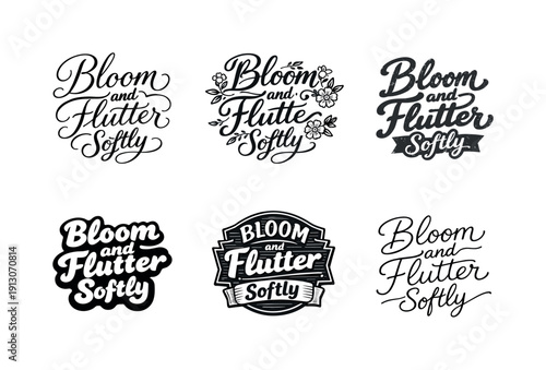    Bloom and flutter softly. Set lettering. harmonious lettering variations of the same emblematic concept, each with different artistic