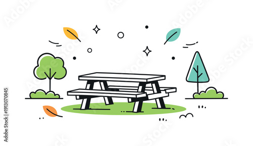 Tranquil Park Picnic. Picnic bench in a park. A calm editorial scene with a simple wooden picnic bench placed in a green park setting, sunlight and soft