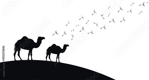 Camel silhouette landscape with adult and young camel on desert dune and drifting dandelion seeds isolated on white background, minimalist nature vector art