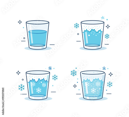 The process of freezing. Sequence scene of a glass of water slowly frosting over, with gentle snowflake symbols appearing. Quiet sense of