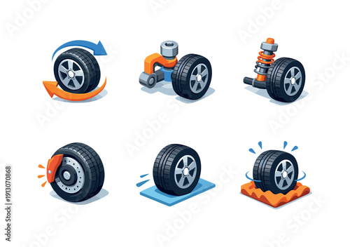 Wheel mechanics. Isometric flat vector icons set of Wheel mechanics: rotating wheel arrows, swivel rotation joint, suspension compression,
