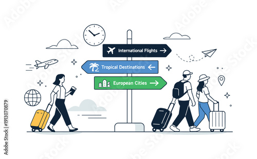 Transit countries. A calm editorial scene showing travelers moving through an airport hub, with suitcases and directional signs indicating