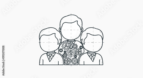 Business team with leader and gears in the chest, teamwork, collaboration, management, strategy, corporate concept, vector illustration