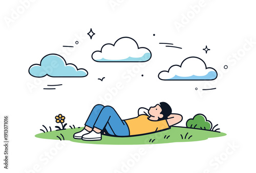 Watching clouds lying on grass. Calm outdoor scene with a person lying on soft grass, hands behind head, gazing at slow-moving clouds.