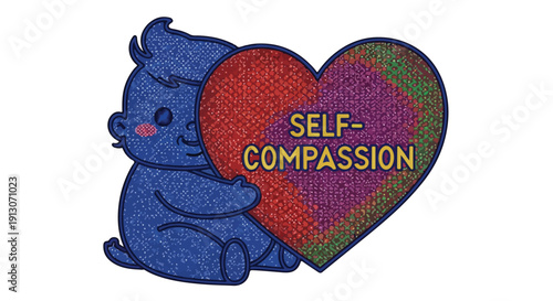 Cute blue character hugging a heart with the words Self-Compassion written on it, representing emotional well-being and self-love.