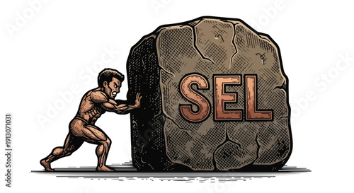 Man pushing large stone with word SEL carved into it, symbolizing effort and emotional regulation in psychology and therapy