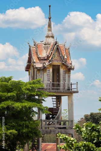 Beautiful Thai-style bell tower with intricate roof carvings and traditional architecture at Wat Hat Siao,Si Sathanalai,Sukhothai province.