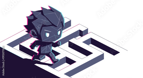 Stylized geometric character navigating a complex maze, representing problem-solving, challenges, and strategic thinking in business or life.