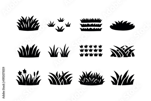 Grass Texture Icons. Grass Textures. Solid icon set of grass textures: dense grass, sparse grass, layered grass, soft grass texture, thick grass blades, thin