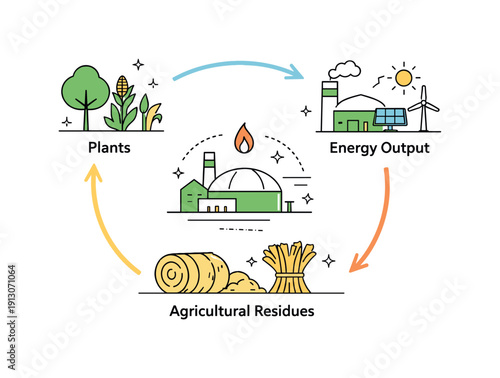 Biomass energy cycle. Plants, agricultural residues, and energy output connected in a smooth circular flow. Clean editorial metaphor for