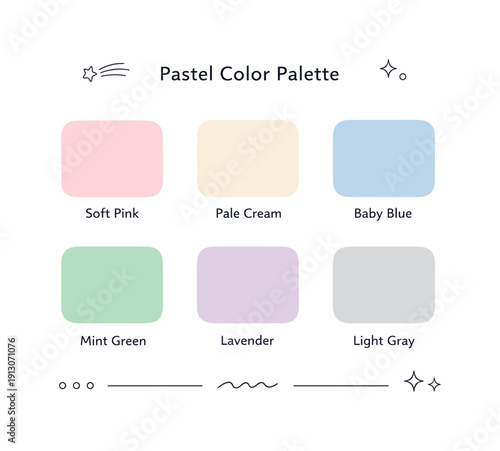 Minimal pastel color grid. Simple palette board with labeled pastel tones, expressing clarity and visual calm. Modern soft layout for mood