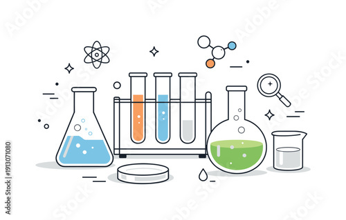 Laboratory glassware. An abstract composition of flasks, beakers, and test tubes arranged harmoniously, symbolizing research and discovery.