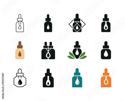 Cosmetic Icon Set. Beauty and skincare products. Icon set. Set Logo of beauty and skincare products: cosmetic bottle with dropper. harmonious logo variations