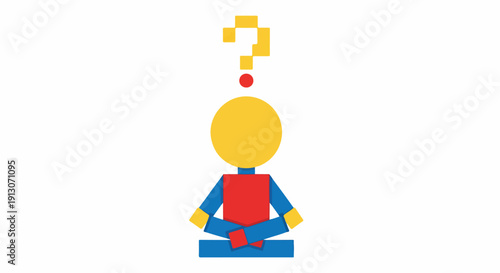 Stylized pixelated figure sitting in meditation pose with a question mark above its head, symbolizing confusion or uncertainty.