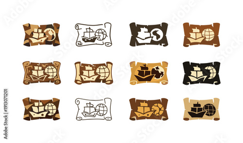 Explorers Emblem Icon Set. The Age of Exploration and famous explorers. Icon set. Set Logo of The Age of Exploration and famous explorers: old world map