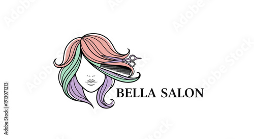 Bella Salon logo with womans face and colorful hair with scissors.