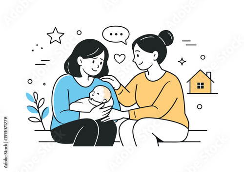 Helping someone with a new baby or adopting children. A warm editorial scene of one adult gently supporting another while holding a baby,