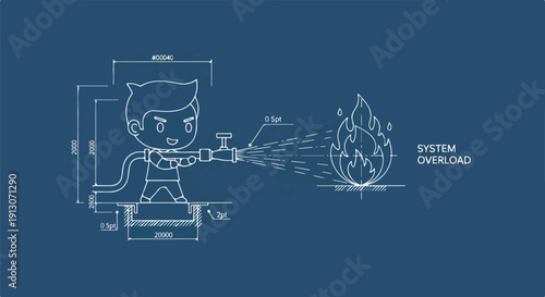 Blueprint style illustration of a cartoon character extinguishing a system overload fire with a hose