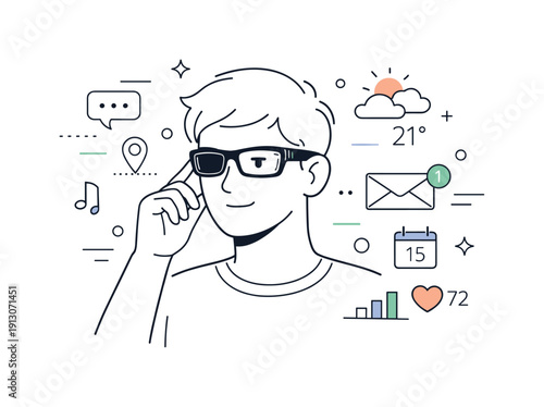 Smart glasses technology. Person wearing smart glasses while viewing subtle digital overlays, calm futuristic everyday use. Icons,