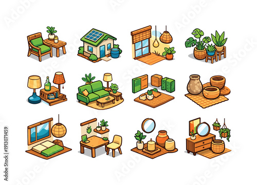    Eco Interior Trend. Colorful isometric vector icons set of Eco Interior Trend: sustainable furniture, eco home decor, natural lighting