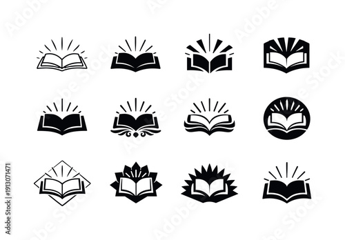 Sacred texts of different religions. Icon set. Set Logo of Sacred texts of different religions: open holy book with rays. harmonious logo