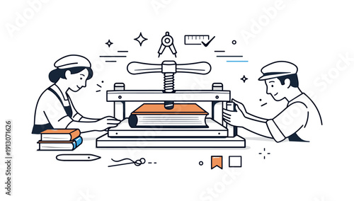 Historic bookbinding process. A focused scene of a book being pressed and aligned, symbolizing precision and care in traditional production.