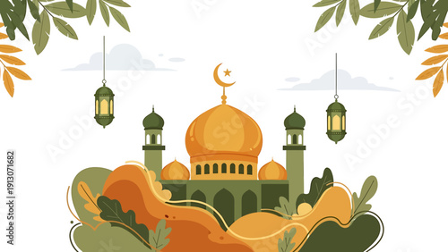 Beautiful Mosque Building with Golden Dome and Minarets.