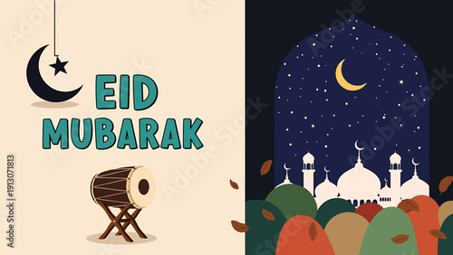 Eid Mubarak Celebration with Crescent Moon and Mosque.