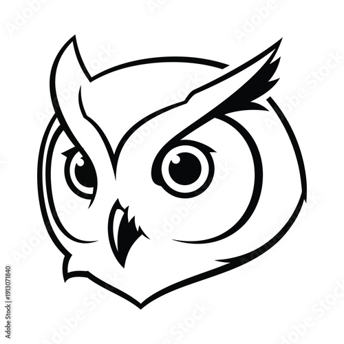 Stylized cartoon owl head with sharp gaze and bold black lines on white background symbolizing wisdom and mystery