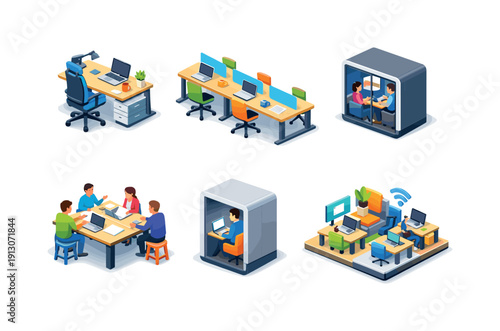 Hybrid Office Icons. Hybrid office. Isometric flat vector icons set of hybrid office: flexible workspace desk, hot desking station, video conference meeting