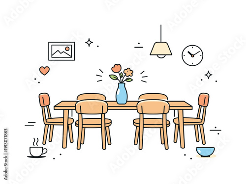 Scandinavian dining interior. A wooden table with matching chairs arranged symmetrically, a simple flower vase as the only accent. The mood