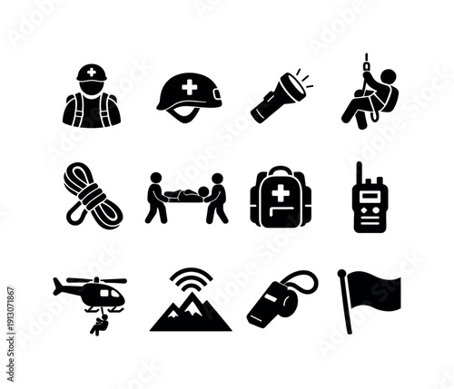   Search and rescue operations. Filled icon set of Search and rescue operations: rescue worker