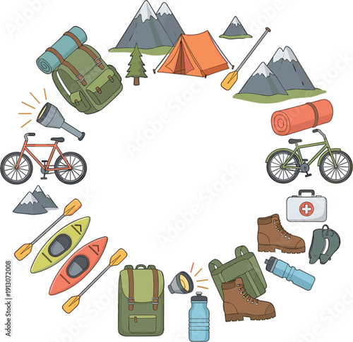 Outdoor Camping and Hiking Adventure Vector Set with Backpack Tent Bicycle Kayak Mountains and Travel Equipment