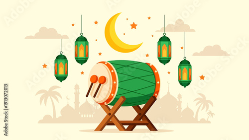 Islamic Drum with Crescent Moon and Lanterns for Ramadan Celebration.