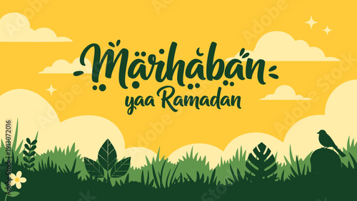 Marhaban Ya Ramadan Greeting with Calligraphy and Islamic Celebration Theme.