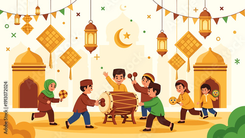 Joyful children celebrating Eid al-Fitr with traditional music and decorations.