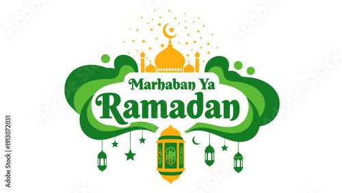 Marhaban Ya Ramadan greeting with mosque and lantern design.