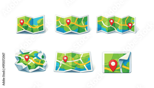    MapFold. Isometric flat vector icons set of MapFold: map half-folded, map tri-folded, map accordion fold, map crumpled fold, map with visible
