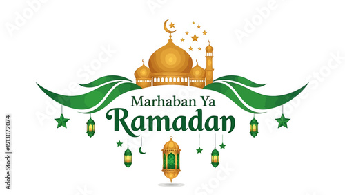 Marhaban Ya Ramadan Islamic Greeting with Mosque and Lanterns.