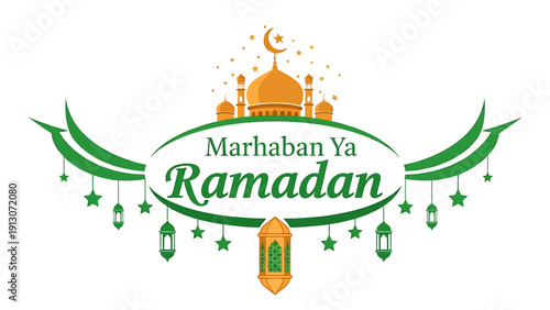Marhaban Ya Ramadan greeting with mosque, crescent moon, and lanterns.
