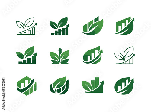    Ethical investing platforms. Icon set. Set Logo of Ethical investing platforms: green finance leaf symbol. harmonious logo variations of the